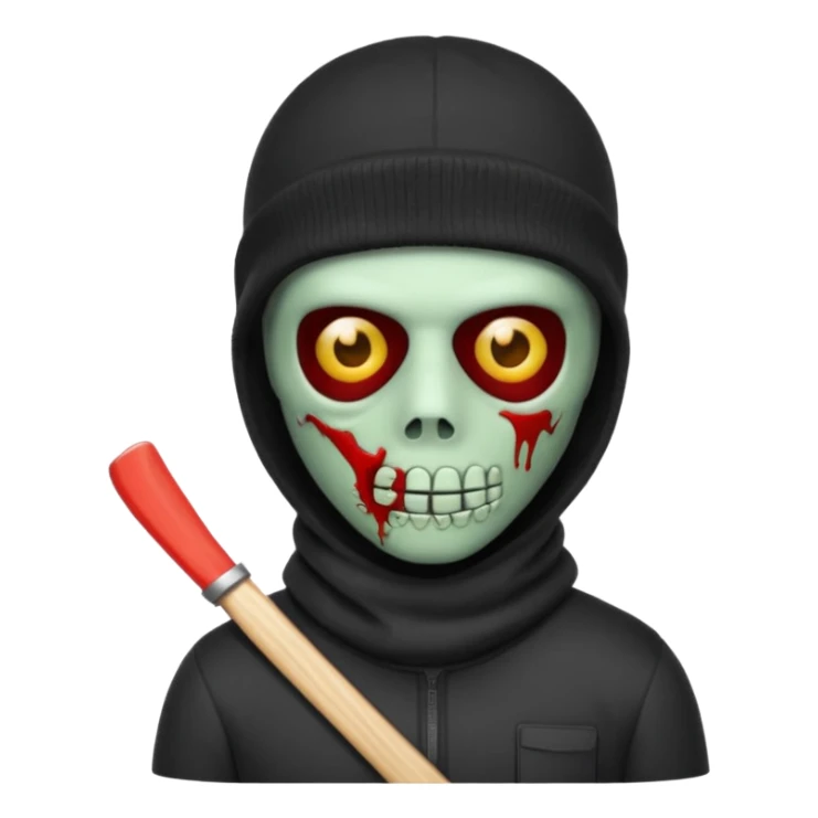 Zombie Emoji AppleIOS Style, Black Hair, SkiMask on Sideways Head, and Black shirt sticker
