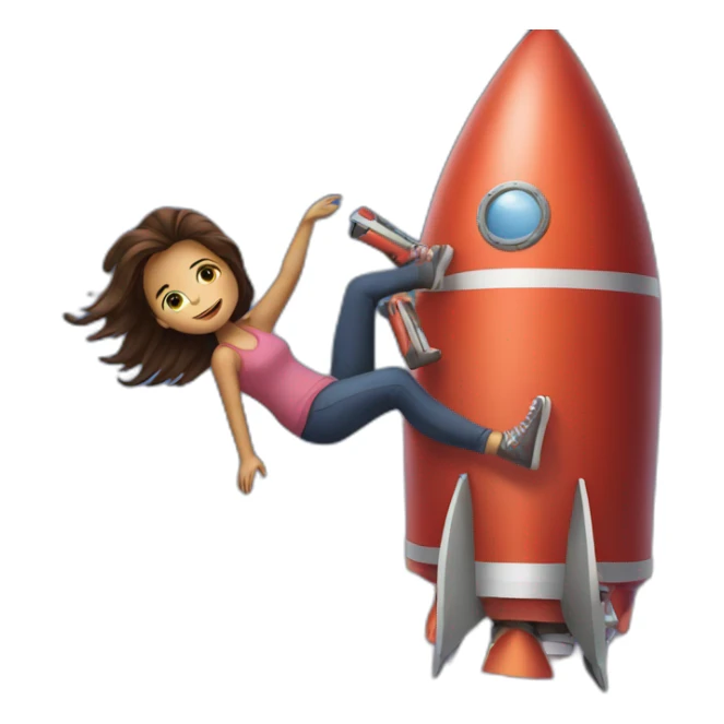 Girl hanging on to big rocket sticker