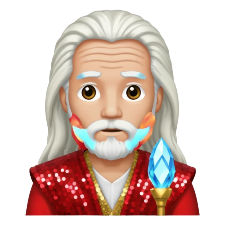 Moses from The Bible with long white hair, red sequin outfit sticker