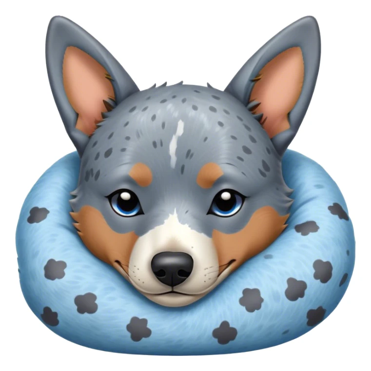 Meme-Worthy Cute Sleeping Blue Speckle Australian Cattle Dog Portrait Emoji, Head resting peacefully with a contented smile, showcasing a robust build and a luxuriously soft blue speckle Fur, eyes shut in a serene nap, Simplified yet hilariously adorable features, highly detailed, glowing with a soft, drowsy light, high shine, relaxed and utterly lovable, stylized with an air of playful laziness, bright and heartwarming, soft glowing outline, capturing the essence of a comically sleepy herder, so meme-worthy it feels like it could instantly become the next viral sensation of adorable slumber! sticker