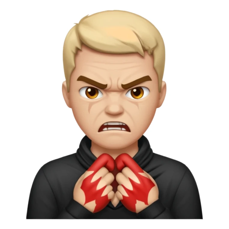 a bust of a person with both their hands around their neck with a angry face sticker