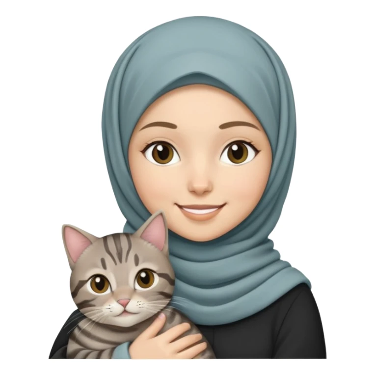 White girl wearing hijab holding a black grey tabby cat while smiling sticker
