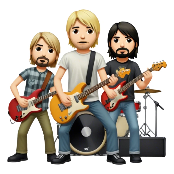 Icon for Rock Music: Nirvana performing on stage with Kurt Cobain on guitar and vocals, Krist Novoselic on bass, and Dave Grohl on drums. A grunge-inspired vibe with dynamic stage lighting and musical energy. Transparent background. sticker