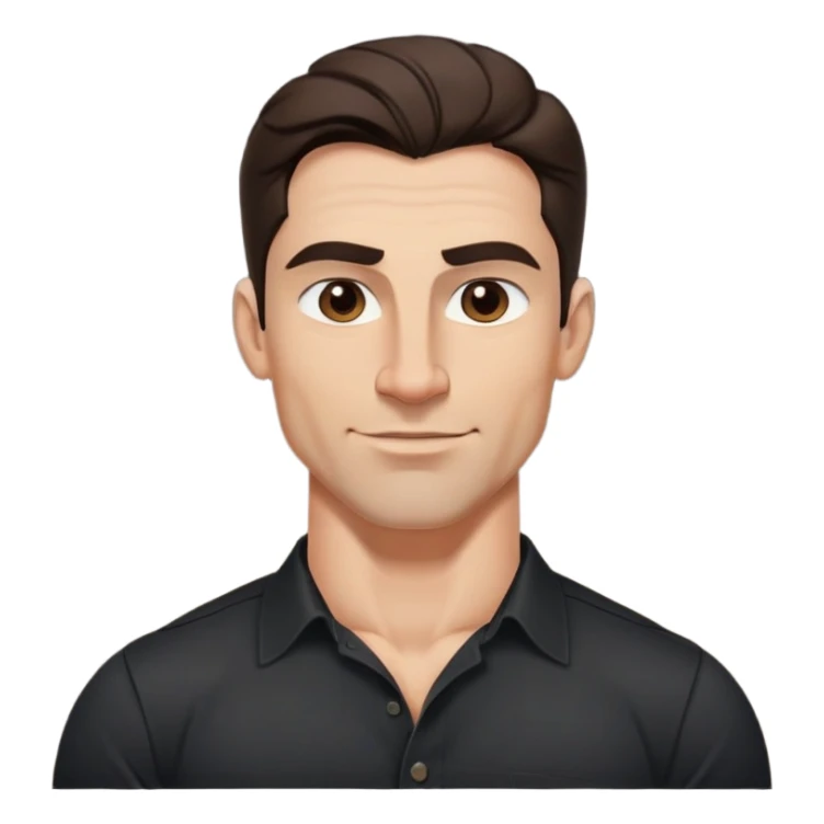 Strong athletic man with buff build, youthful 40s appearance, light brown complexion, elongated face, defined jawline, attractive confident smirk, intense dark eyes, medium eyebrows, straight nose, medium wavy dark hair, wearing a black button-down shirt that shows his muscular build sticker