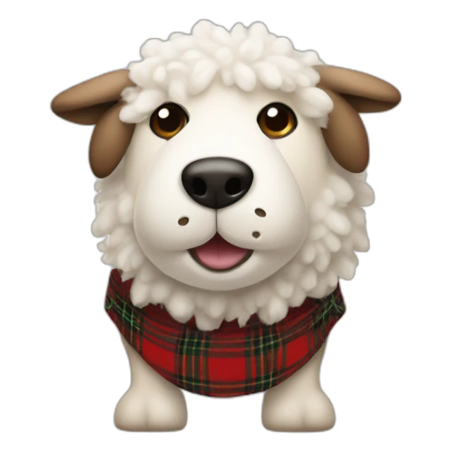 A plush sheep dog with tartan ears and belly button. Its head is oval sticker