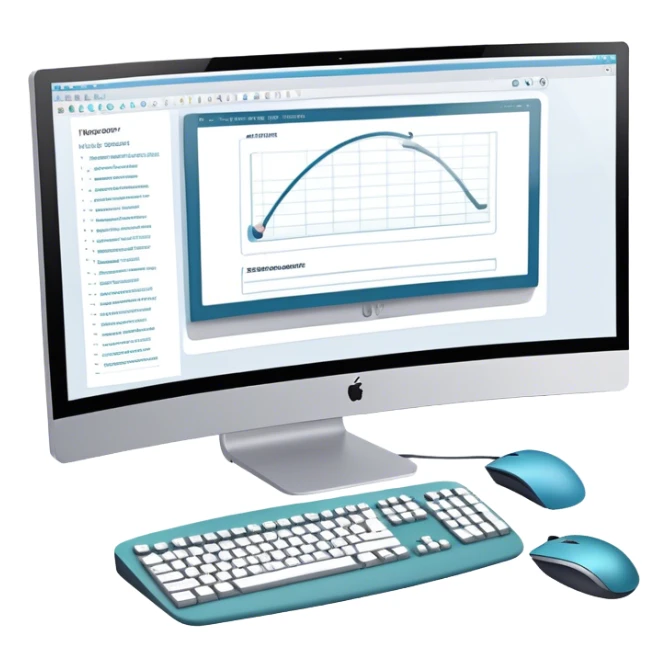 Create an emoji for UX/UI design. Large curved monitor, displaying UX/UI program design interface. Include a mouse, keyboard, and stylus, symbolizing the design process. Use modern, professional colors. Do not include any emojis or smiley faces. Make the background transparent. sticker