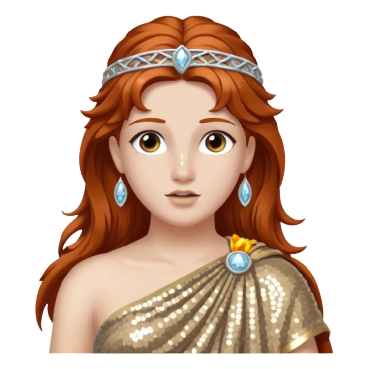 Diana from Roman Deities with long auburn hair, silver sequin toga sticker