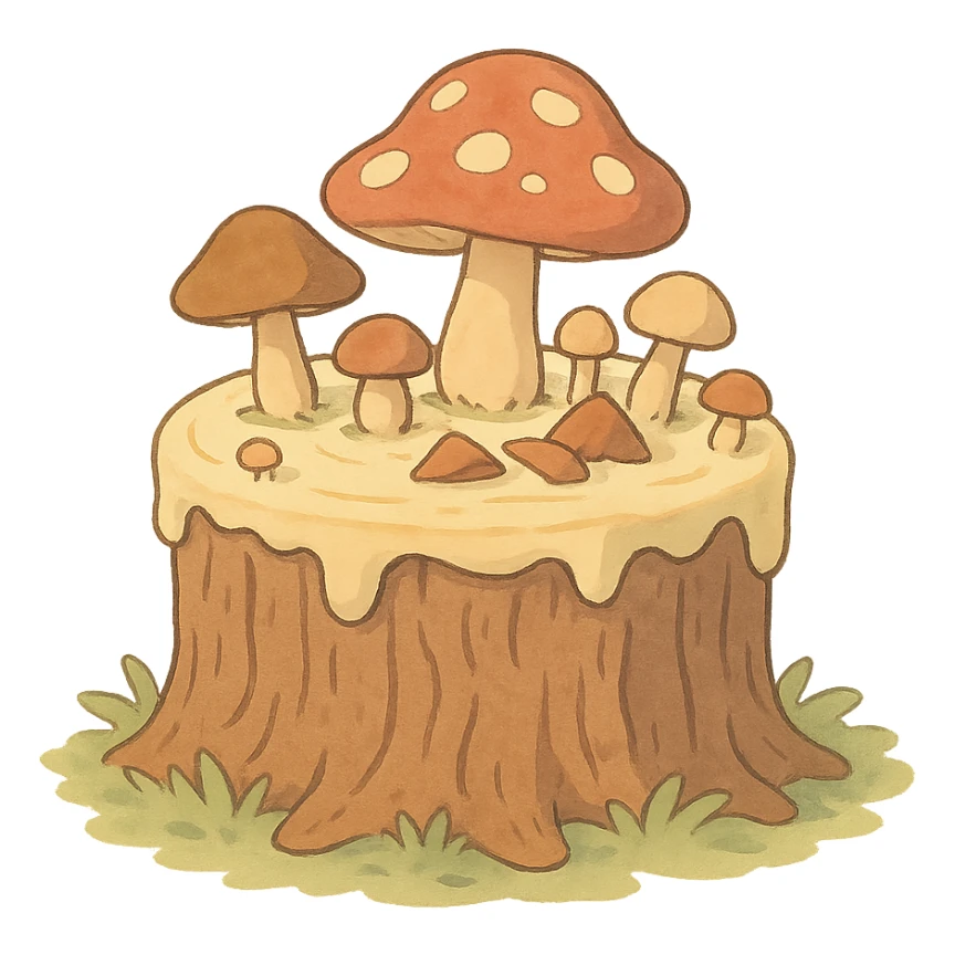 a tree stump cake topped with mushrooms, forest dessert concept, soft pastel colors, ghibli style sticker