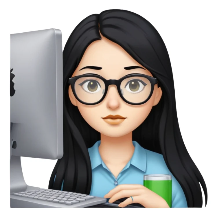 Girl with long black hair, glasses, nostril piercing, and a computer sticker