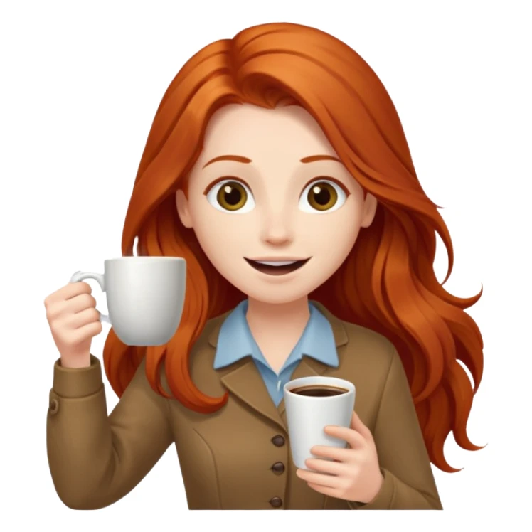 Excited long haired redhead drinking coffee holding sign in front saying GTSY sticker