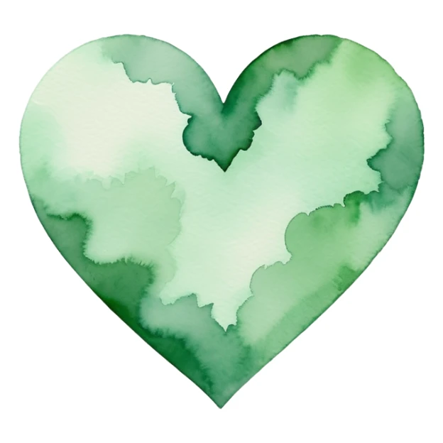 minimalist watercolor heart icon, monochromatic green washes, soft bleeding edges, on textured white paper, serene and emotional, perfect for app icon, transparent background, flat lay --style raw --stylize 150 sticker