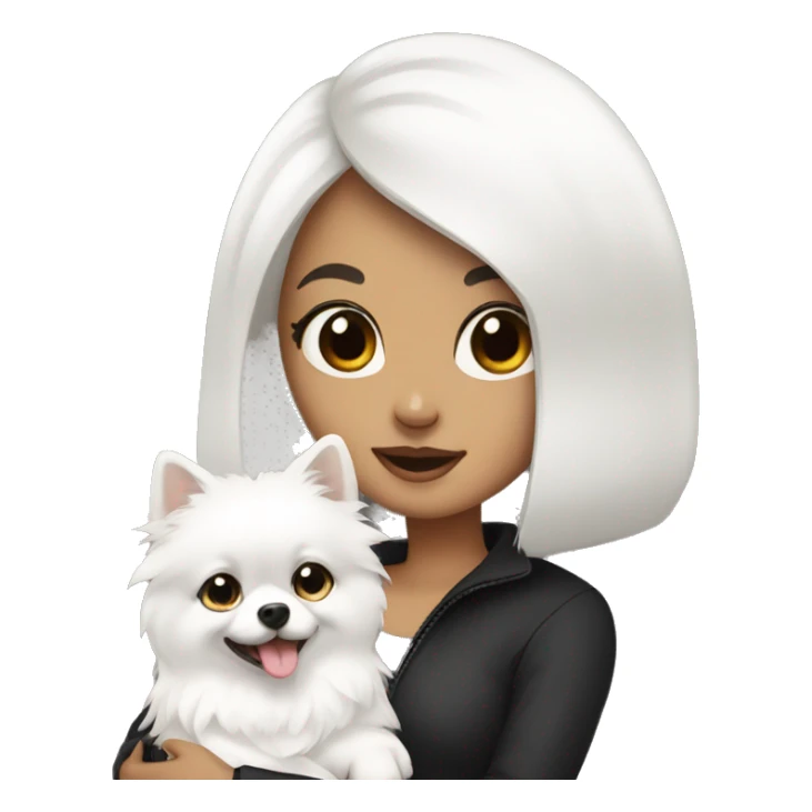 A girl with black hair holding a white Pomeranian  sticker