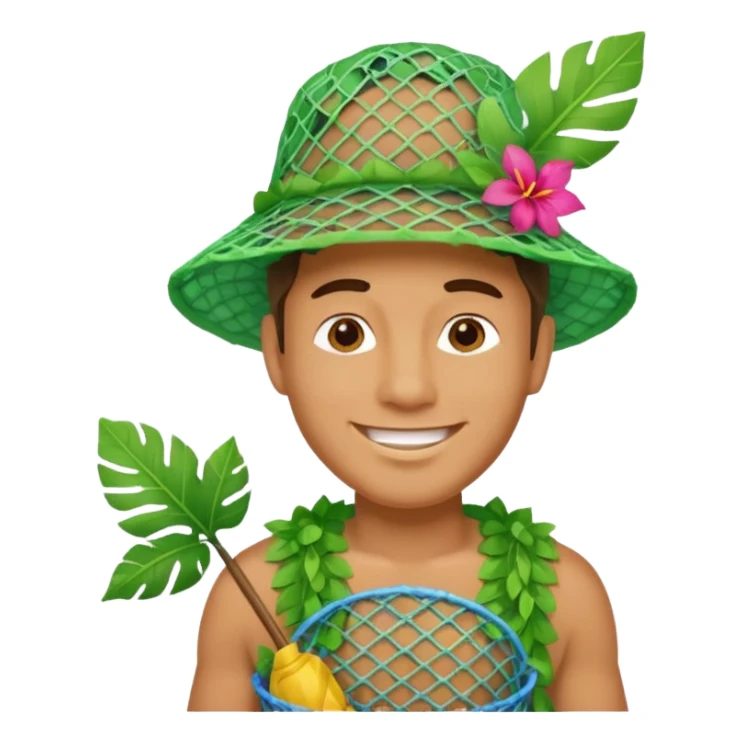 Hawaiian man with leaf hat and big trash net and colorful cloth sticker