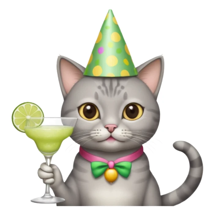 A grey cat is wearing a party hat, and drinking a margarita. sticker