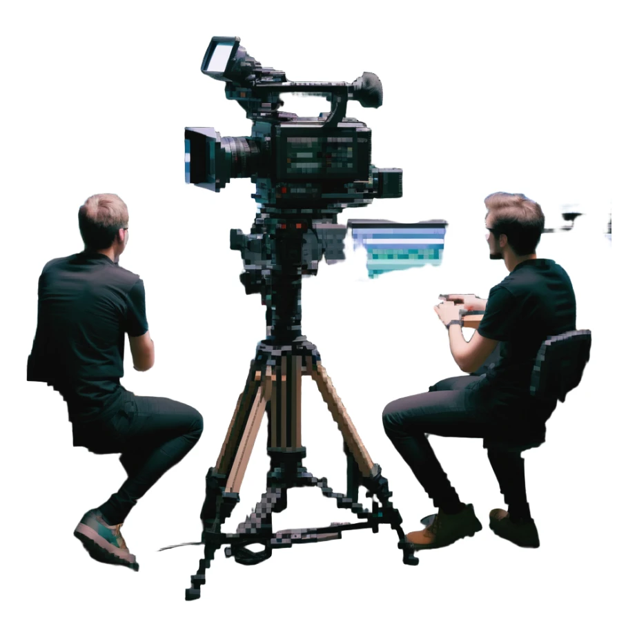 pixel art style, large high resolution image of a film crew collaboration: multiple members (cameraman, sound engineer, director) working together around a broadcast camera, dynamic atmosphere, wide shot, team spirit sticker