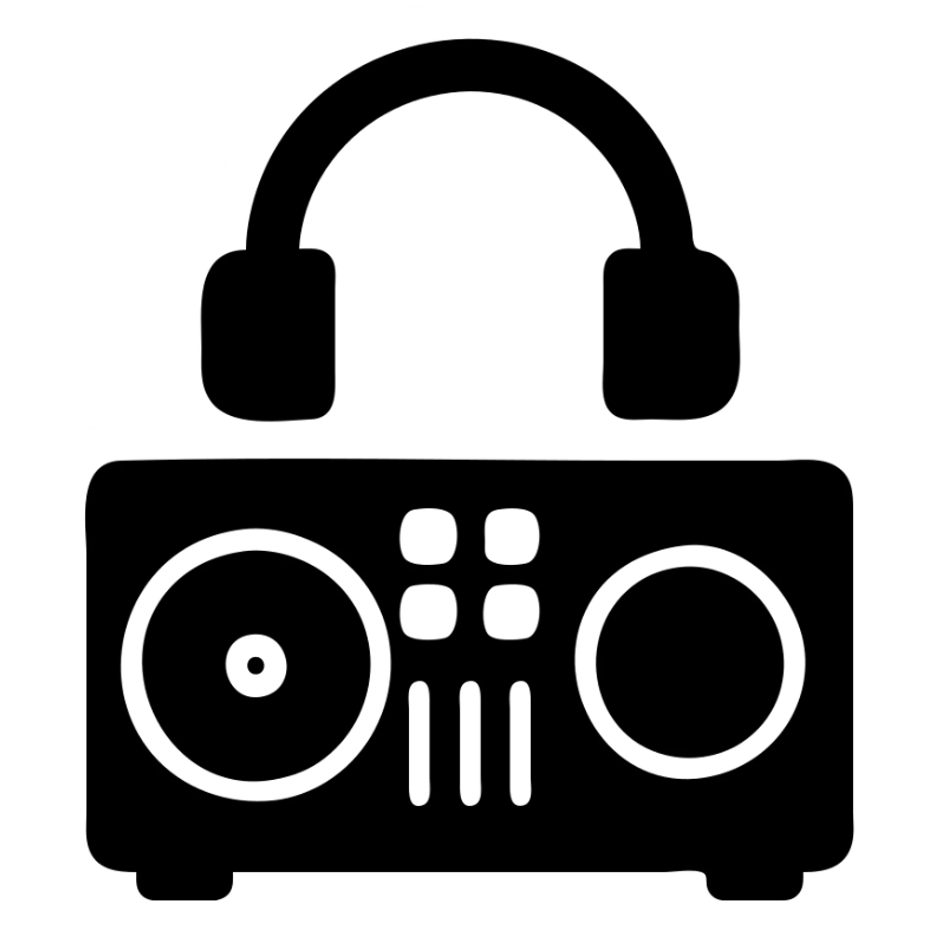 A DJ setup in a black filled icon style, with headphones. sticker