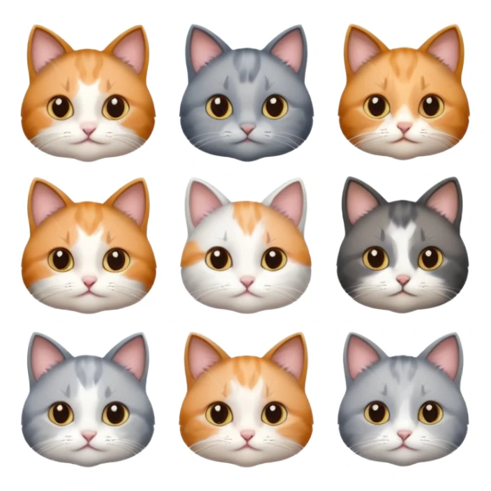 6 realistic looking cats with different natural coloured coats, assorted grey and white, greys, calico, brown and white colours etc
 sticker