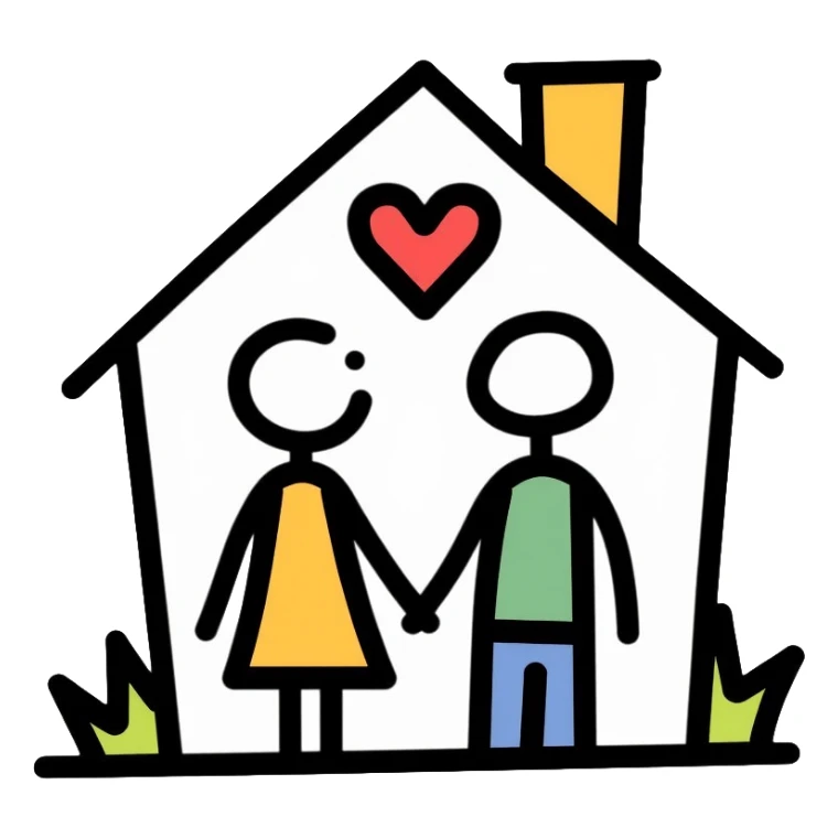 Two simple figures holding hands in front of a house with a heart surrounding them, Keith Haring style with bold lines and simple colors sticker