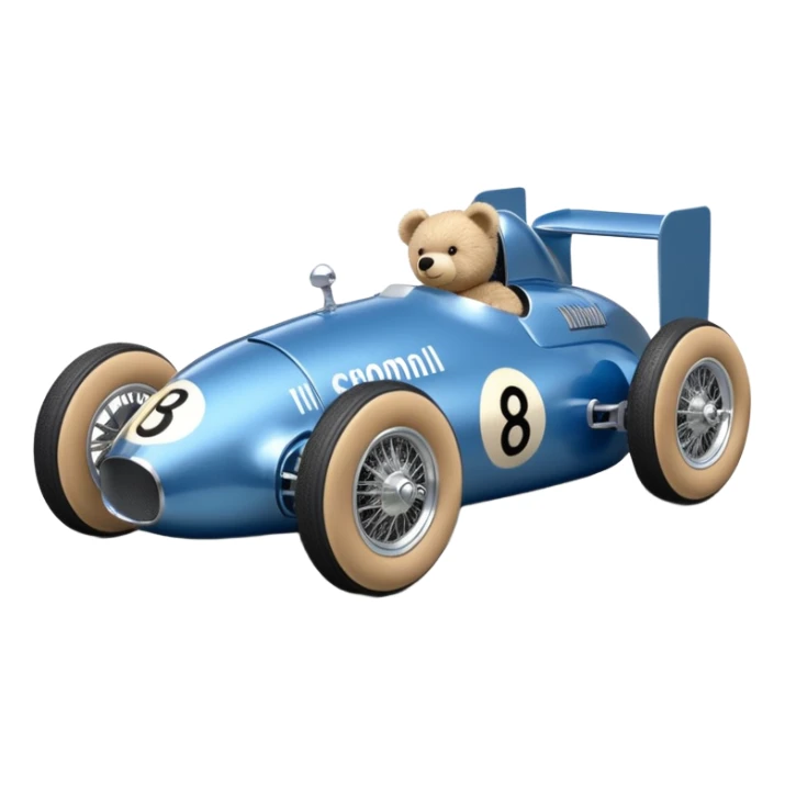 Metallic blue and lightly chrome-accented Antique-looking  kid-sized race car for teddy bear with custom aero body and rear wing sticker