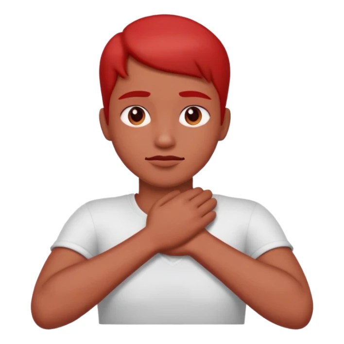 Arms crossed holding neck and face red sticker