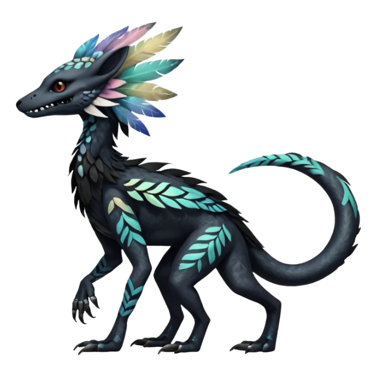 Rare realistic tribal patterned whitish pastel colorful iridescent shiny glossy feathery epic handsome gorgeous aesthetic black-skulled Vernid-Trico-Sergal-Salandit-Nargacuga-species-Fakemon-creature by LiLaiRa, 4 legs, 1 tail, random markings, (full body) long ears sticker