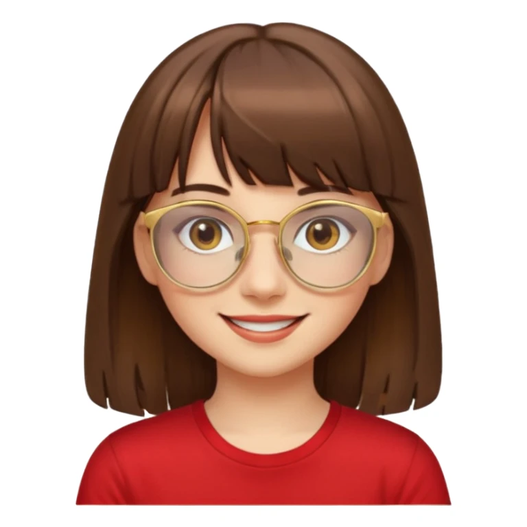 chica con piel blanca sonriendo, ojos marrones y pelo marrón largo con flequillo y lentes dorados con remera roja. sticker
