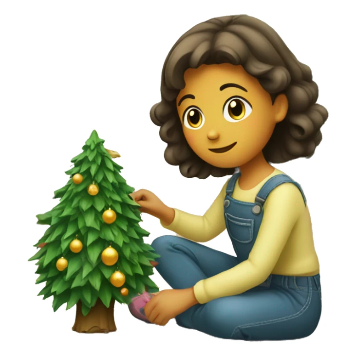 A little girl fixing a christmas tree sticker