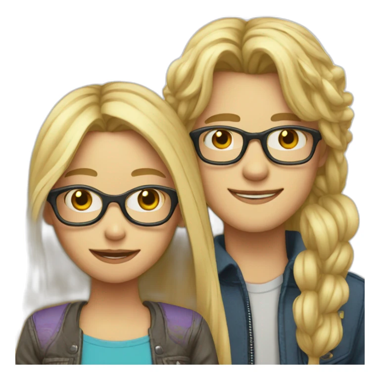 Blond long hair girl with blond boy with glasses, love sticker