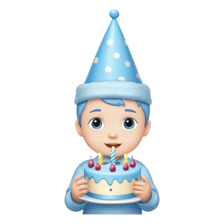 cute baby boy with pastel blue birthday hat and blue cake sticker