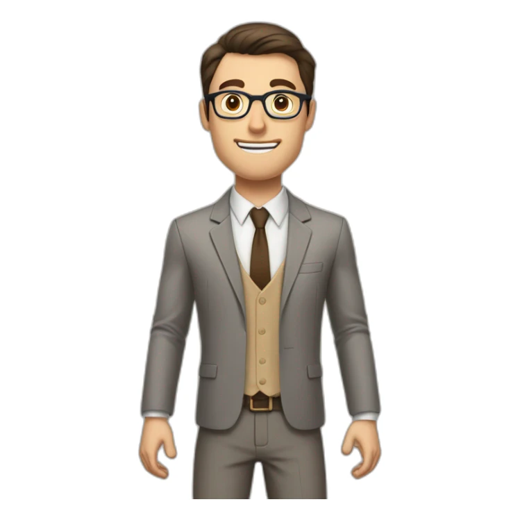 To belt Actively gesturing with hands Pale skinned fit man teacher with dark brown hair in gray jacket, beige office shirt, brown tie, brown pants and vintage glasses. sticker