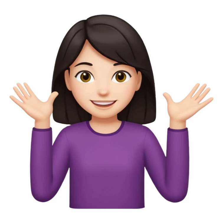 Dark hair girl holding arms out with smile sticker