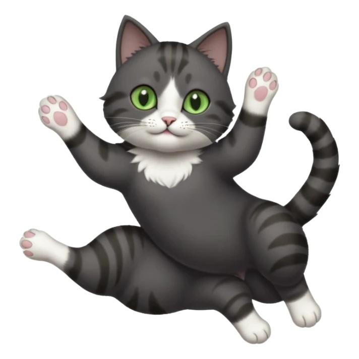 solid dark grey cat with green eyes, white toes/paws and white patch on her chest playfully rolling upside down sticker