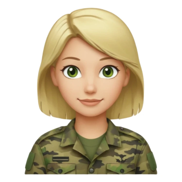 Apple-style emoji: female soldier, bust, no cap/helmet, friendly smile, generic camo top, blonde hair sticker