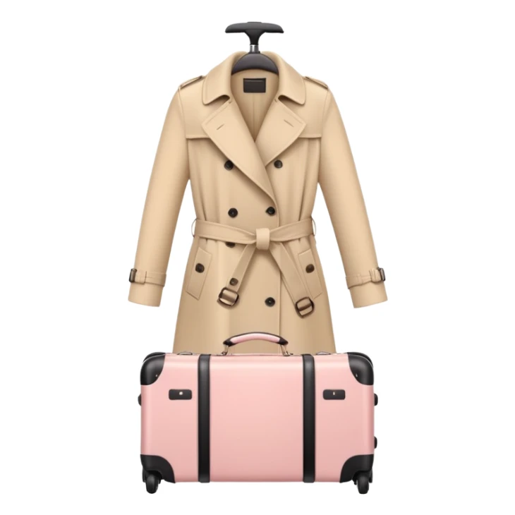 Beige trench coat draped over pastel pink carry-on luggage, minimal backdrop sticker