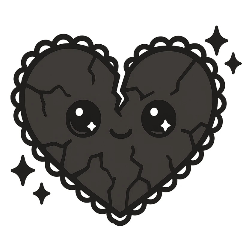 black gothic heart, shattered, ornate, dark, elegant, kawaii style, with cute sparkles sticker