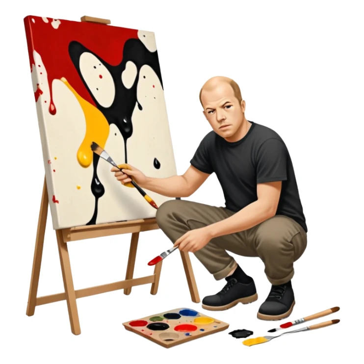 Jackson pollock the abstract artist flicking black white and red paint from a brush onto a canvas at his feet sticker