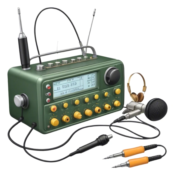A photorealistic icon featuring a ham radio transceiver, headphones, microphone, antenna, radio equipment like soldering tools and cables, soldering iron in use. The design includes detailed textures and realistic lighting. Transparent background. sticker