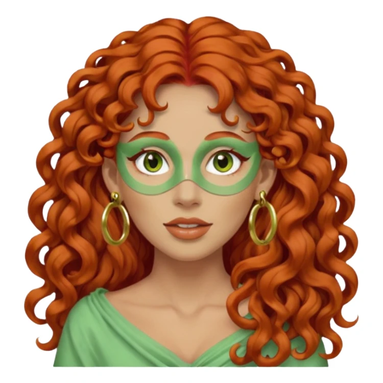 red haired very long curly haired woman with full face light green clay mask  and big earrings  sticker