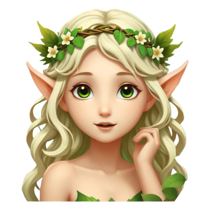 Cinematic Realistic Forest Nymph Fairy Portrait, head tilted playfully and inquisitively, showcasing a nature-inspired form with intricately detailed, sunlit tanned skin and cascading hair interlaced with leaves and blossoms. Her bright, curious eyes sparkle with forest mischief, rendered with lifelike clarity and warm, dappled lighting that captures the spirit of an enchanting woodland fairy ready to dance among the trees. sticker