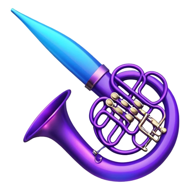 musical horn instrument with neon glow effect, blue neon glow on top left, purple neon glow on bottom right sticker