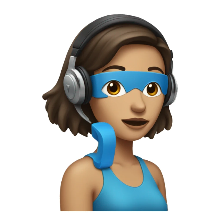 brunette woman with headphones. left eye brown and right eye blue sticker