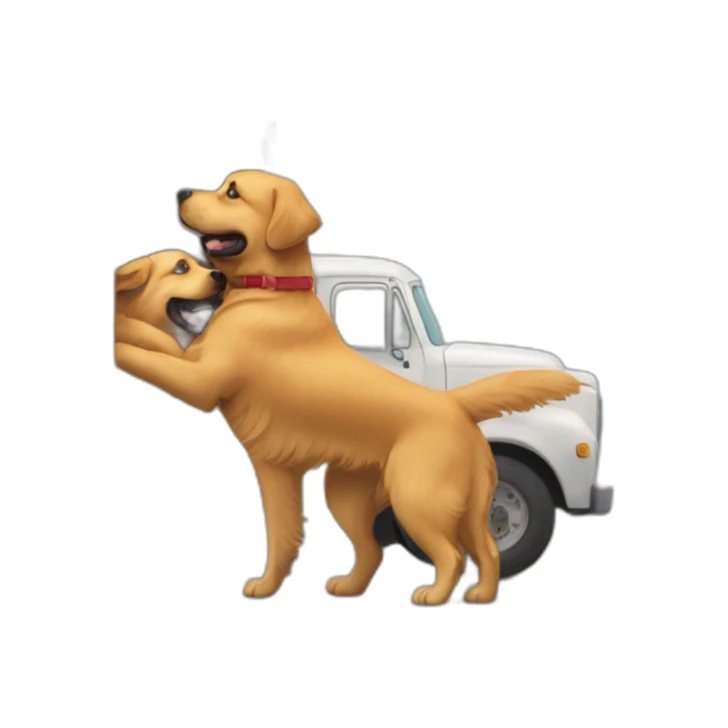 A Golden retriever and a rottweiller hugging in a moving truck sticker