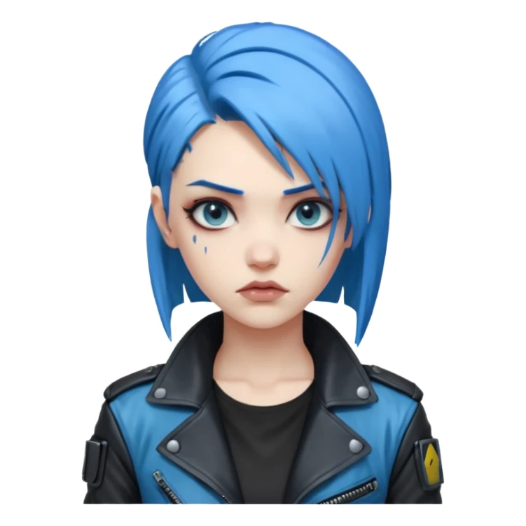 Cyberpunk woman, blue hair, stern expression, only head sticker