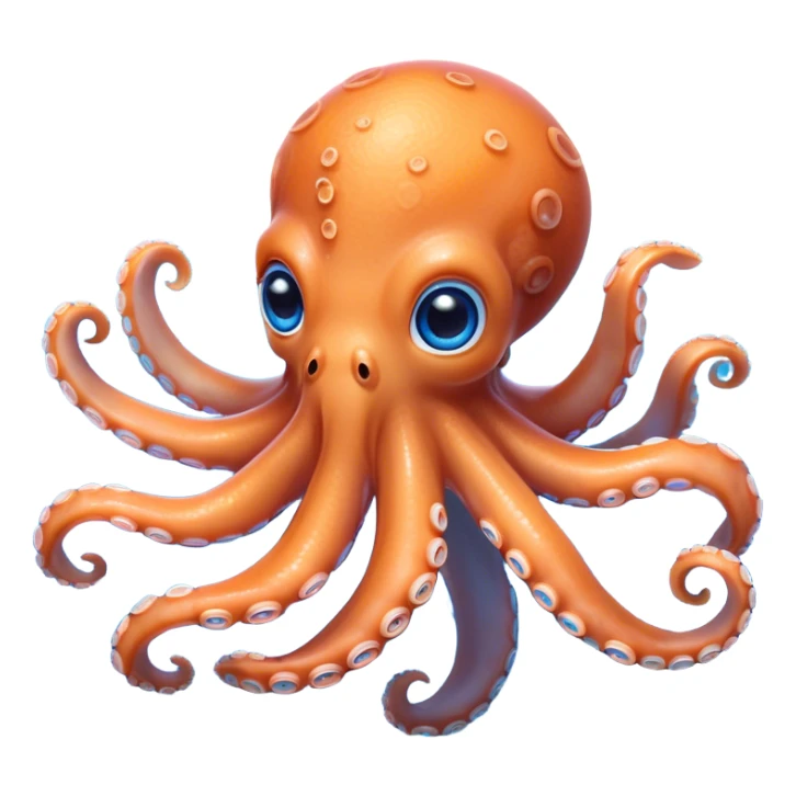 Cinematic Cute Octopus Portrait Emoji, Head tilted playfully and inquisitively, featuring a rounded, light orange body embellished with playful blue rings, eight adorably curling arms, and big, twinkling eyes full of wonder, Simplified yet irresistibly adorable features, highly detailed, glowing with a warm, inviting underwater glow, high shine, affectionate and lively, stylized with a touch of whimsical cartoon charm, soft glowing outline, capturing the essence of a mischievous yet loving octopus that seems as if it could bob out of the screen into your arms! sticker