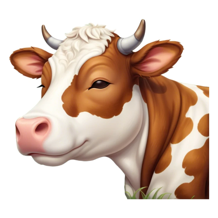 Meme-Worthy Cute Sleeping Brown and White Cow Portrait Emoji, Head resting peacefully with a contented smile, showcasing a robust build and a luxuriously soft patterned hide of brown and white, eyes shut in a serene, restful nap, Simplified yet hilariously adorable features, highly detailed, glowing with a soft, drowsy light, high shine, relaxed and utterly lovable, stylized with an air of playful laziness, bright and heartwarming, soft glowing outline, capturing the essence of a comically sleepy cow, so meme-worthy it feels like it could instantly become the next viral sensation of adorable slumber! sticker