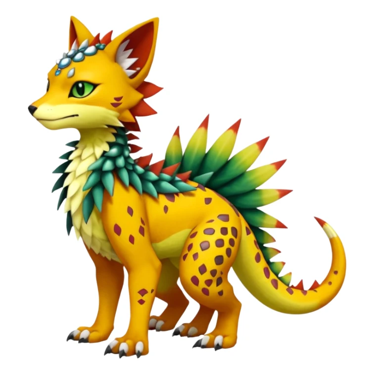 Kawaii cute reddish orangish yellowish greenish exotic tribal beautiful pretty elegant divine edgy feline-vernid-sergal-Fakémon-Pokémon-Digimon-fursona-animal-creature with accessories, jewelries, full body, with intricate detailed markings, furs, fins, scales, spiny sticker