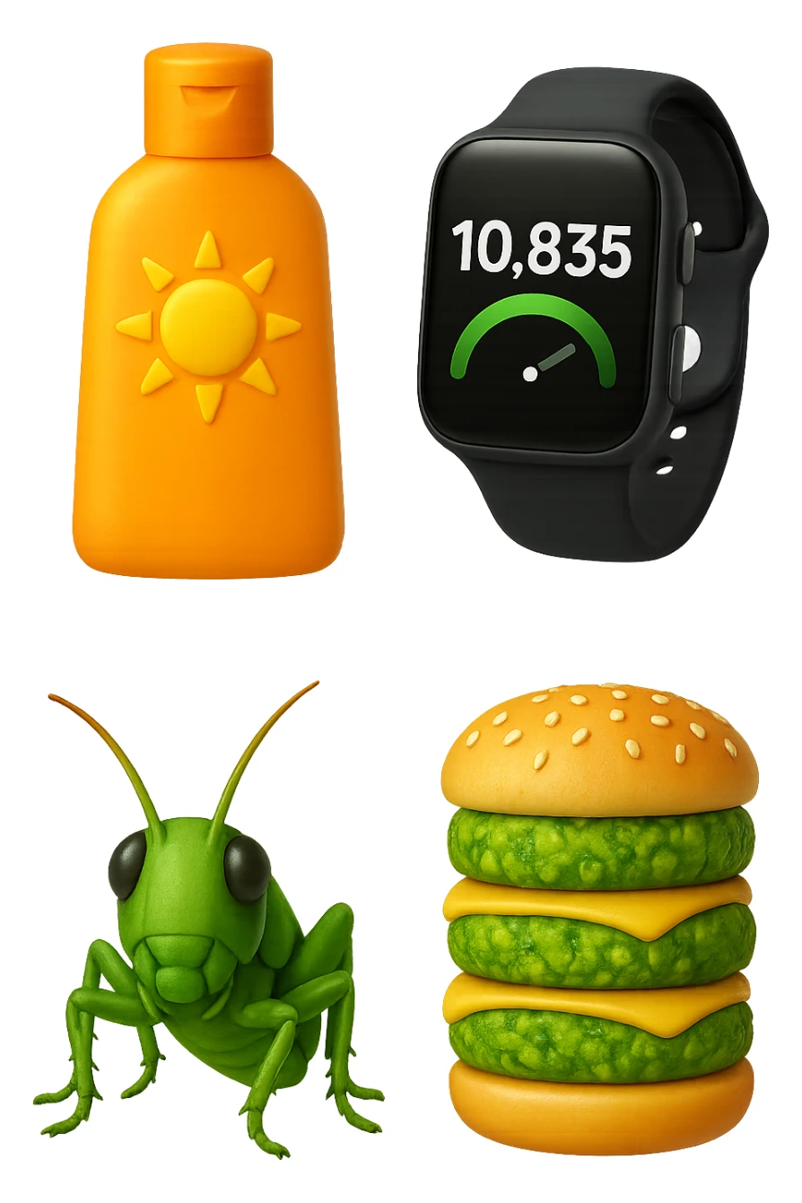 emoji stile iphone di una boccetta di CREMA SOLARE, UNO SMARTWATCH CONTAPASSI, UN GRILLO, UNA TORRETTA DI HAMBURGER FATTI CON I PISELLI, IPERREALISTICO 4K sticker