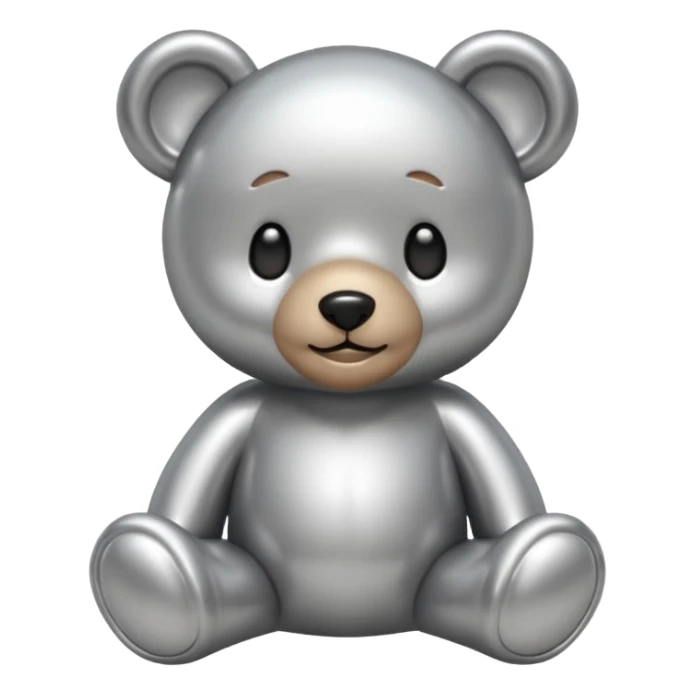A cute teddy bear emoji made of liquid silver chrome, smooth rounded body, glossy metallic surface, soft reflections, friendly proportions, iOS emoji style, centered, clean white background sticker