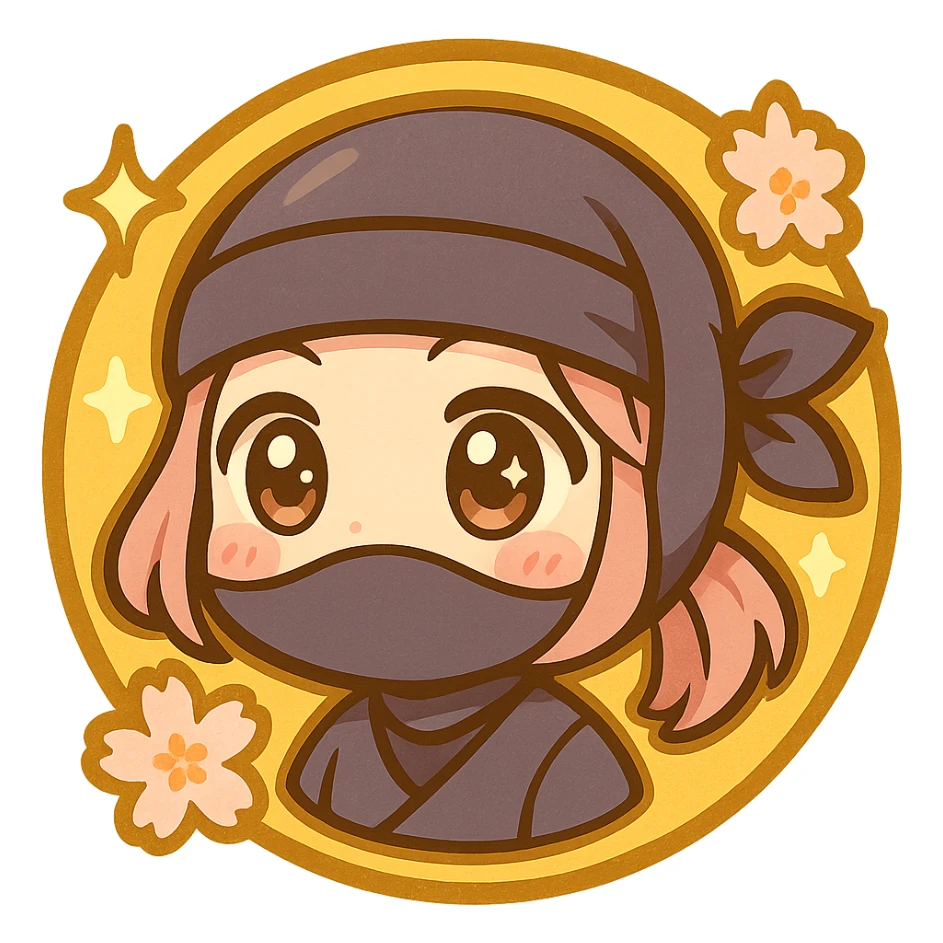 Make the badge look more anime style with bold anime-style highlights, shading, and linework for a vibrant, dynamic look. Keep the chibi ninja girl's face in the center, gold color, sakura flowers, sparkly effects, and overall badge shape. Transparent background, sized for Twitch or Discord use. sticker