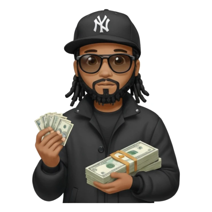 African American man with shoulder length black dreadlocks with black beard wearing black sunglasses wearing a black New York Yankees logo baseball Cap wearing a black bubble winter coat counting money in his hand sticker